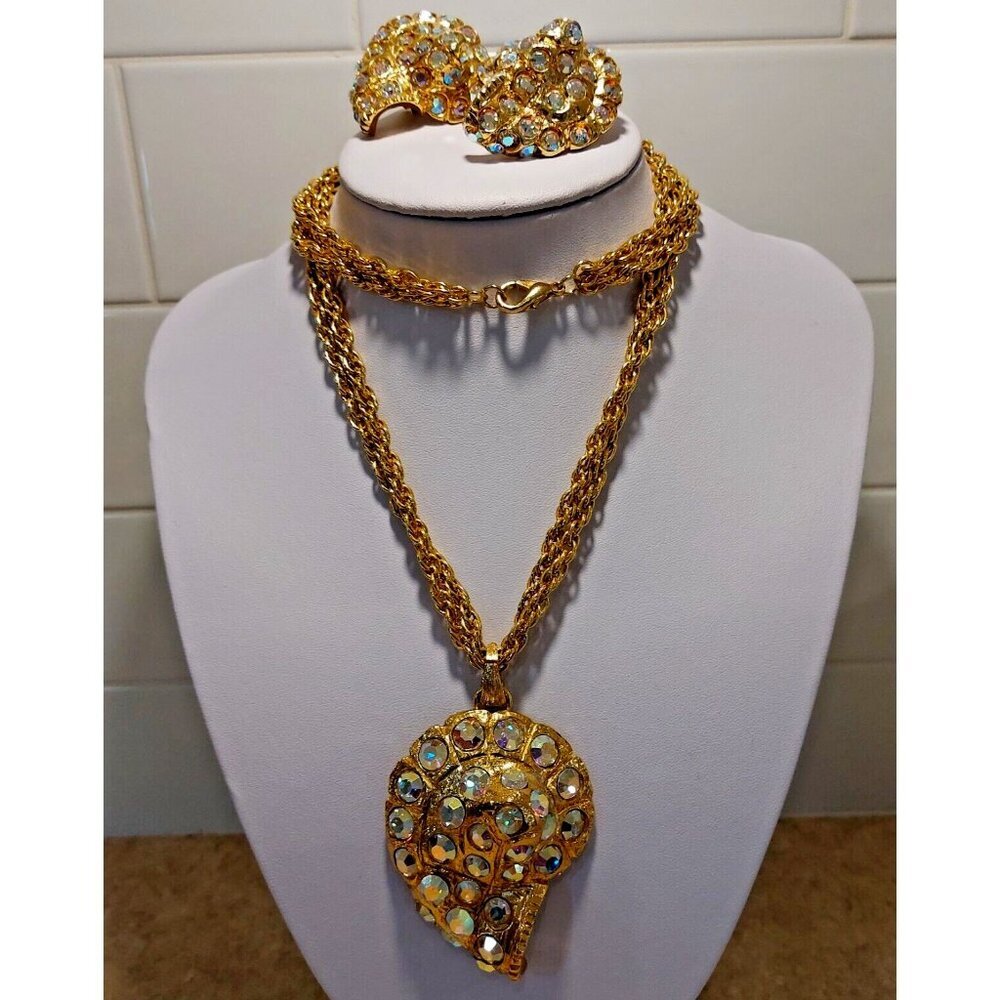 Vintage Craft aurora borealis ammonite fossil demi parure necklace earrings rare